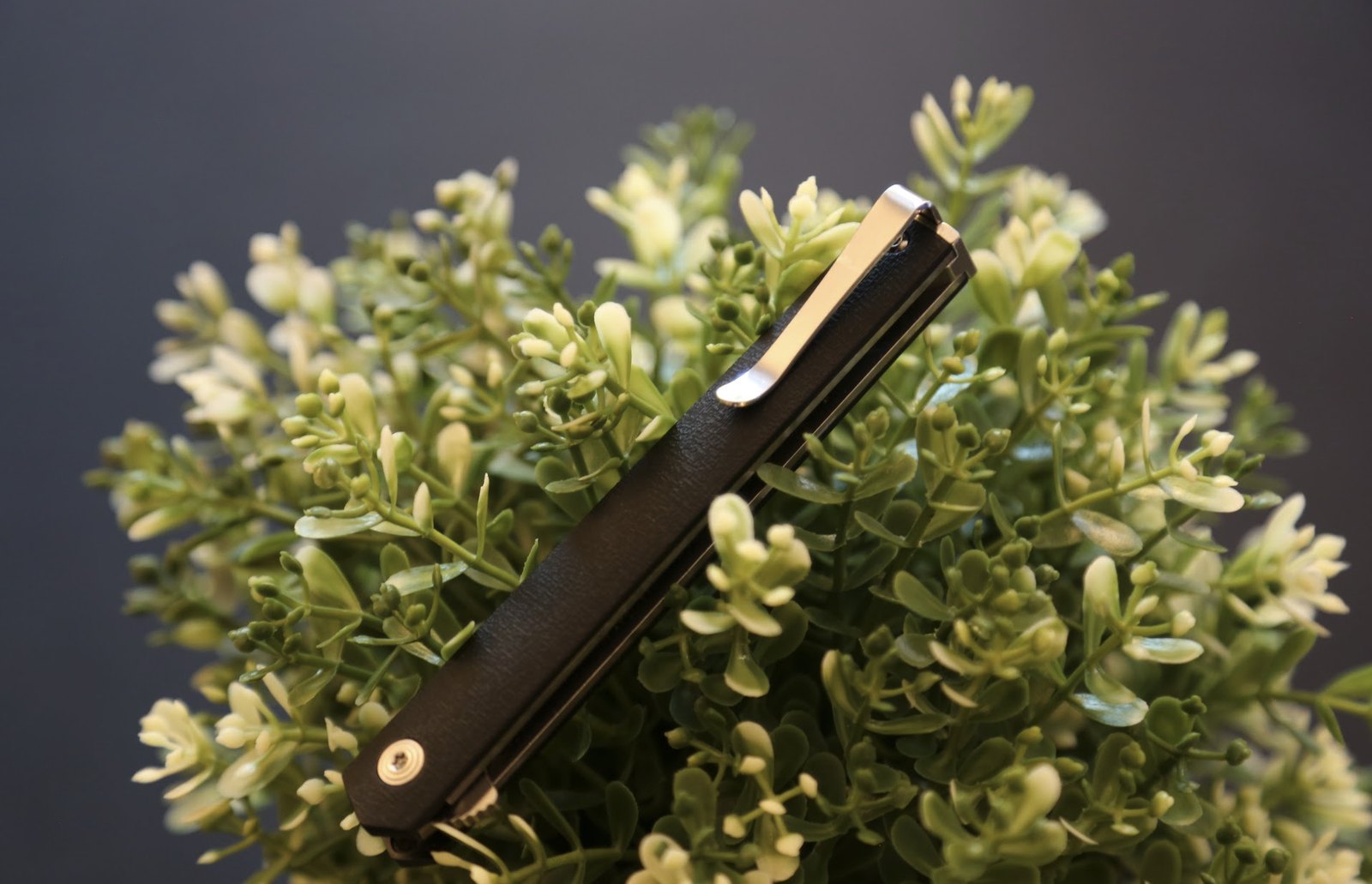 CRKT CEO folding knife closed, resting on green foliage, showing the deep-carry pocket clip